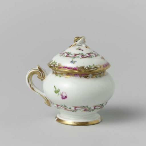 Paste pot, round, with lid and handle, belonging to a service with a swirled ribbon motif with leafy branches, floral bouquets and scattered flower branches