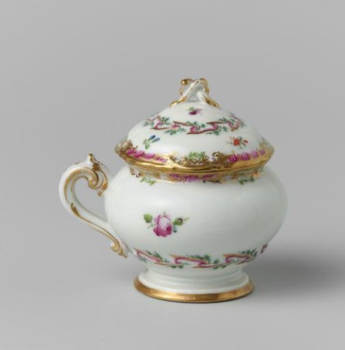 Paste pot, round, with handle, belonging to a service with a swirled ribbon motif with leafy branches, floral bouquets, and scattered flower branches