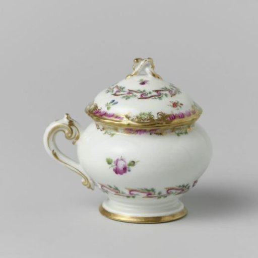 Paste pot, round, with lid and handle, belonging to a service with a swirled ribbon motif with leafy branches, floral bouquets and scattered flower branches