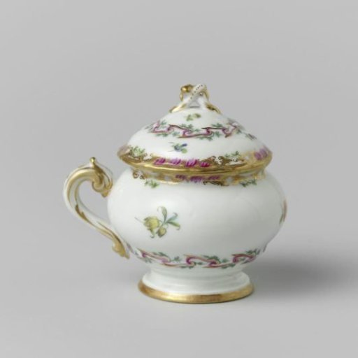 Paste pot, round, with lid and handle, belonging to a service with a swirled ribbon motif with leafy branches, floral bouquets and scattered flower branches