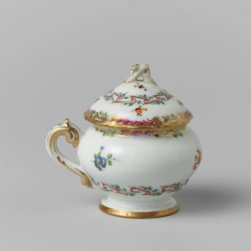 Paste pot, round, with handle, belonging to a service with a swirled ribbon motif with leafy branches, floral bouquets, and scattered flower branches