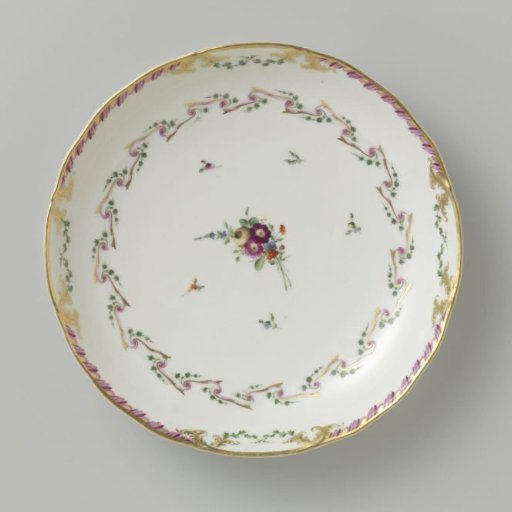 Bowl, round and deep, belonging to a service decorated with a swirled ribbon motif with leafy branches, floral bouquets, and scattered flower branches