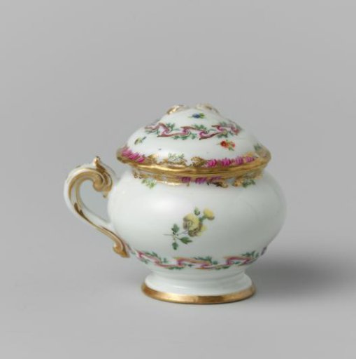 Paste pot, round, with handle, belonging to a service with a swirled ribbon motif with leafy branches, floral bouquets, and scattered flower branches