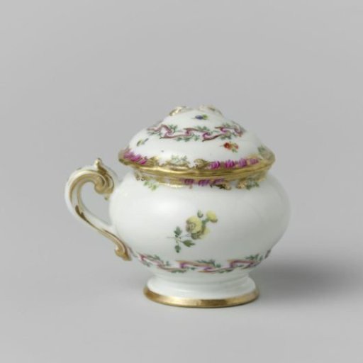 Paste pot, round, with lid and handle, belonging to a service with a swirled ribbon motif with leafy branches, floral bouquets and scattered flower branches