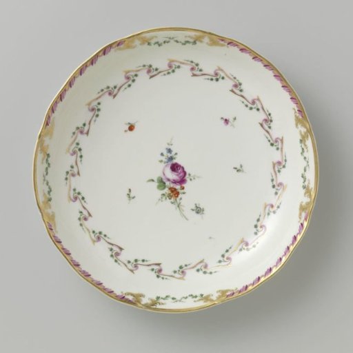 Bowl, round and deep, belonging to a service decorated with a swirled ribbon motif with leafy branches, floral bouquets and scattered flower branches