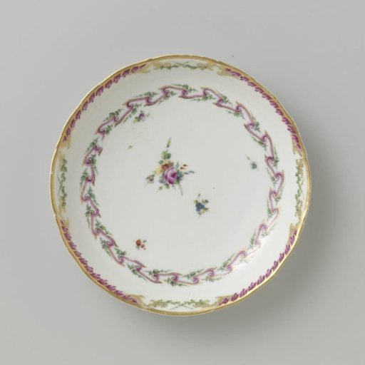 Bowl, round and deep, belonging to a service decorated with a swirled ribbon motif with leafy branches, floral bouquets and scattered flower branches