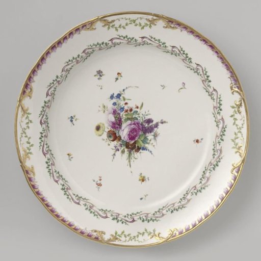 Plate, belonging to a service decorated with a ribbon motif with leaves, flower bouquets and scattered flower sprays