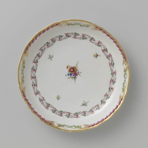 Bowl, round and deep, belonging to a service decorated with a swirled ribbon motif with leafy branches, floral bouquets, and scattered flower branches
