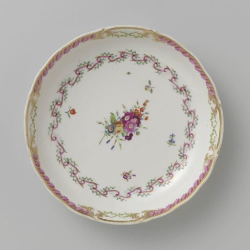 Bowl, round and deep, belonging to a service decorated with a swirled ribbon motif with leafy branches, floral bouquets, and scattered flower branches
