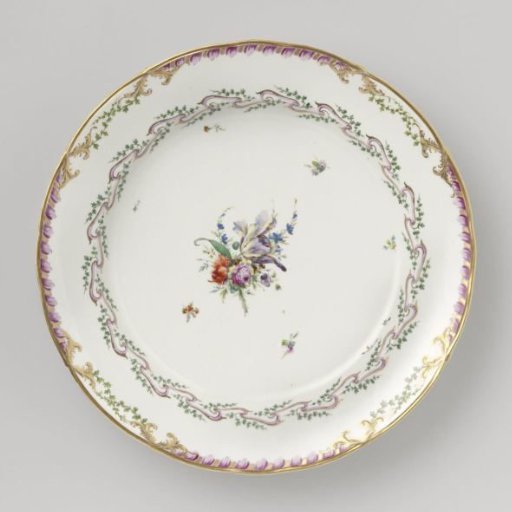 Plate, belonging to a service decorated with a ribbon motif with leaves, flower bouquets and scattered flower branches