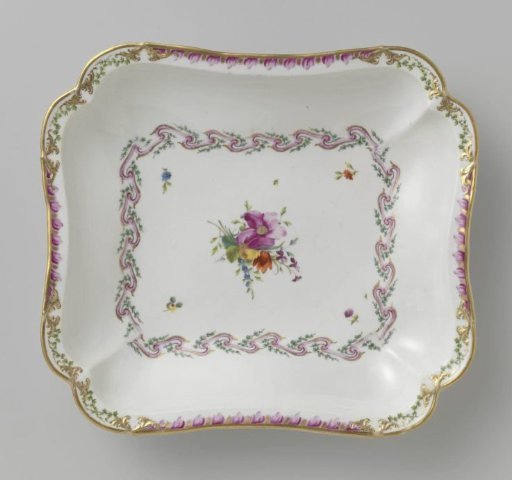 Dish, rectangular and deep, belonging to a service with a swag ribbon motif featuring leafy branches, flower bouquets, and scattered flower sprays
