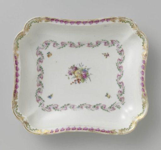 Dish, rectangular and deep, belonging to a service with a swag ribbon motif featuring leafy branches, flower bouquets, and scattered flower sprays