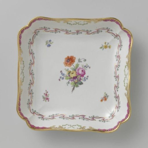 Square dish with a bouquet, flower sprays and foliate scrolls