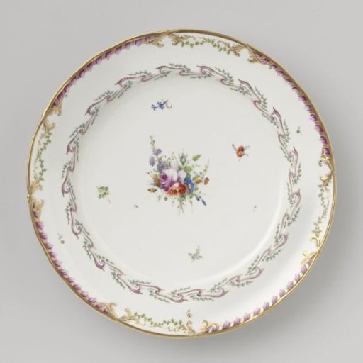 Plate, belonging to a service decorated with a ribbon motif with leaves, flower bouquets and scattered flower branches