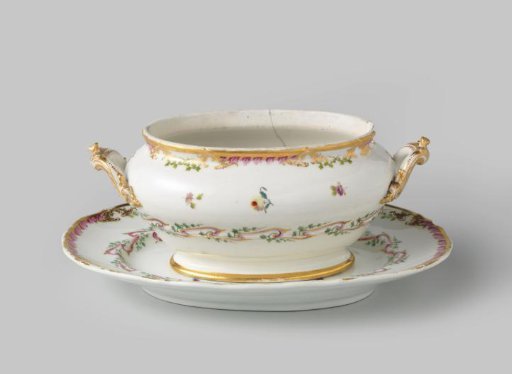 Sauceboat, part of a service with a scrolling ribbon motif featuring leafy branches, bouquets of flowers, and scattered flower sprigs
