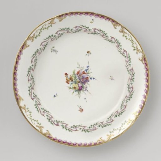 Plate, belonging to a service decorated with a ribbon motif with leaves, flower bouquets and scattered flower branches