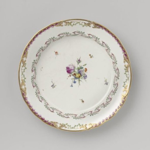 Plate, part of a service decorated with a ribbon motif featuring leaves, flower bouquets, and scattered flower branches