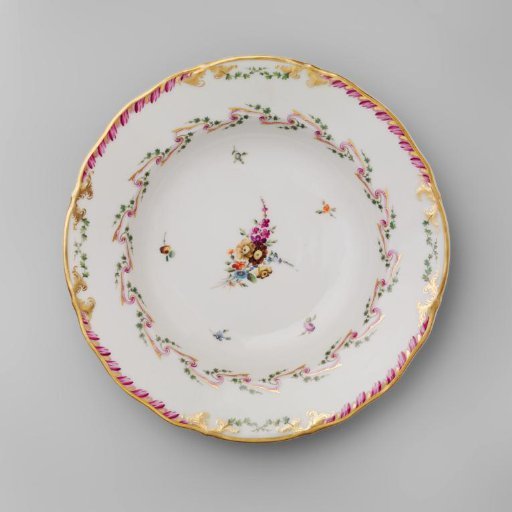 Plate, deep model, belonging to a service with a swirled ribbon motif with leafy branches, bouquets of flowers, and scattered flower branches