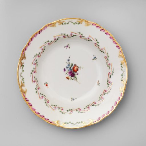 Plate, deep model, belonging to a service with a swirled ribbon motif with leafy branches, bouquets of flowers, and scattered flower branches