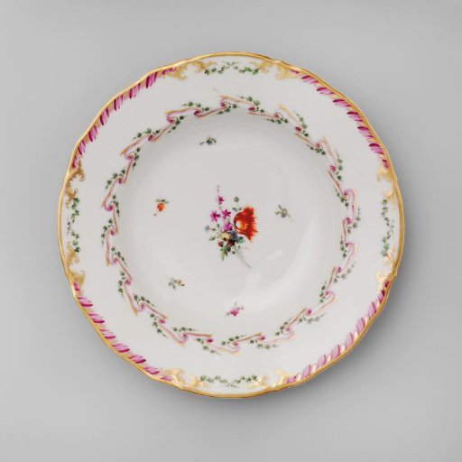 Plate, deep model, belonging to a service with a swirled ribbon motif with leafy branches, bouquets of flowers, and scattered flower branches