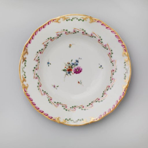 Plate, deep model, belonging to a service with a swirled ribbon motif with leafy branches, bouquets of flowers, and scattered flower branches