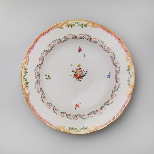 Plate, Deep Model, Part of a Service with a Swirling Ribbon Motif Featuring Leafy Branches, Bouquets of Flowers, and Scattered Flower Branches