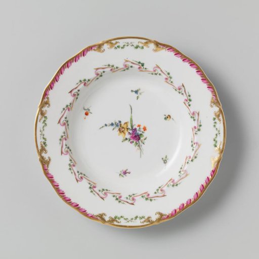 Plate, Deep Model, Part of a Service with a Swirling Ribbon Motif Featuring Leafy Branches, Bouquets of Flowers, and Scattered Flower Branches