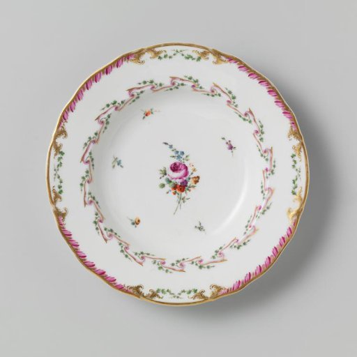 Plate, Deep Model, Part of a Service with a Swirling Ribbon Motif Featuring Leafy Branches, Bouquets of Flowers, and Scattered Flower Branches
