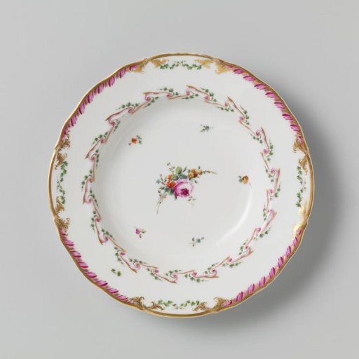 Plate, deep model, belonging to a service with a swirled ribbon motif with leafy branches, floral bouquets and scattered flower branches