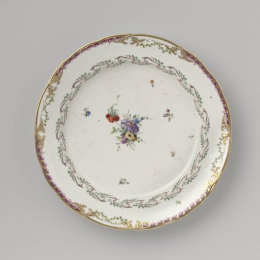 Plate, part of a service decorated with a ribbon motif featuring leaves, flower bouquets, and scattered flower branches