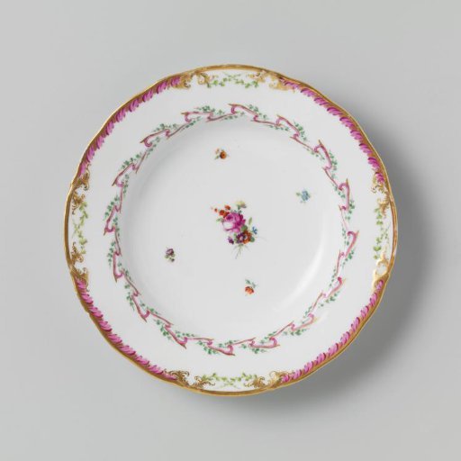 Plate, deep model, belonging to a service with a swirled ribbon motif with leafy branches, floral bouquets and scattered flower branches