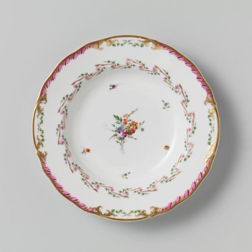 Plate, deep model, belonging to a service with a swirled ribbon motif with leafy branches, floral bouquets and scattered flower branches