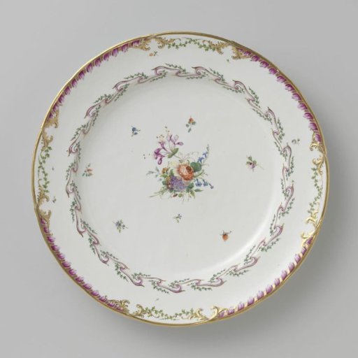 Plate, flat model, belonging to a service with a swirled ribbon motif with leafy branches, bouquets of flowers and scattered flower branches
