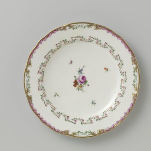 Plate, flat model, belonging to a service with a swirled ribbon motif with leafy branches, bouquets of flowers and scattered flower branches