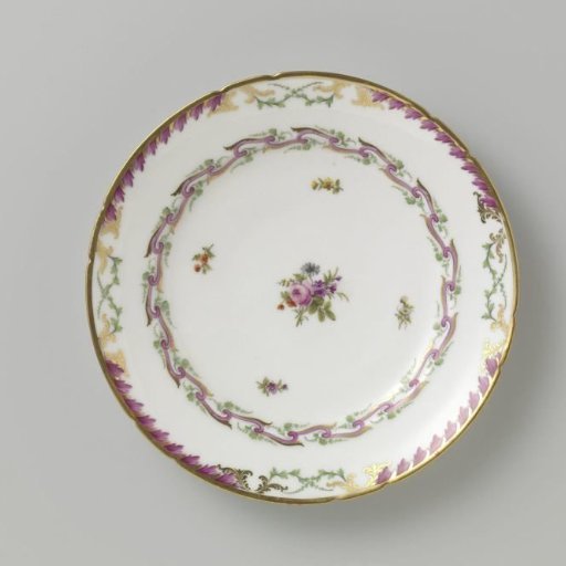 Plate, flat model, belonging to a service with a swirled ribbon motif with leafy branches, floral bouquets, and scattered flower branches