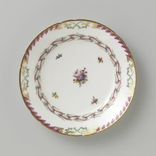 Plate, flat model, belonging to a service with a swirled ribbon motif with leafy branches, floral bouquets, and scattered flower branches