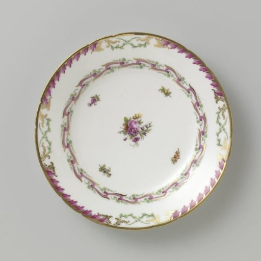Plate, flat model, belonging to a service with a swirled ribbon motif with leafy branches, floral bouquets, and scattered flower branches