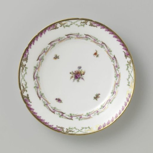 Plate, flat model, belonging to a service with a swirled ribbon motif with leafy branches, floral bouquets, and scattered flower branches