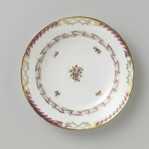 Plate, flat model, belonging to a service with a swagged ribbon motif featuring leafy branches, floral bouquets, and scattered flower branches