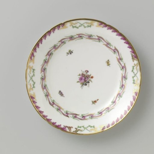 Plate, flat model, belonging to a service with a swagged ribbon motif featuring leafy branches, floral bouquets, and scattered flower branches