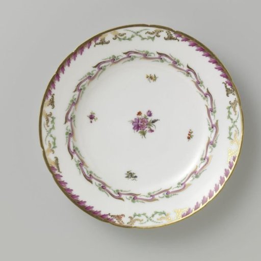 Plate, flat model, belonging to a service with a swagged ribbon motif featuring leafy branches, floral bouquets, and scattered flower branches