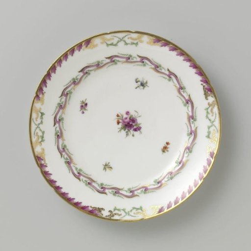Plate, flat model, belonging to a service with a swagged ribbon motif featuring leafy branches, floral bouquets, and scattered flower branches