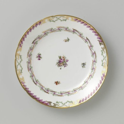 Plate, flat model, belonging to a service with a swirled ribbon motif with leafy branches, floral bouquets and scattered flower branches