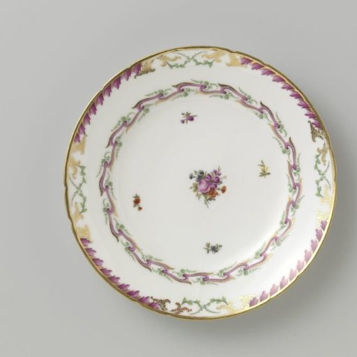 Plate, flat model, belonging to a service with a swirled ribbon motif with leafy branches, floral bouquets and scattered flower branches