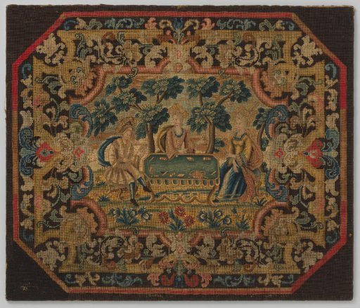 Tabletop of a folding dining table with embroidery in gros and petit point: landscape with a card-playing company