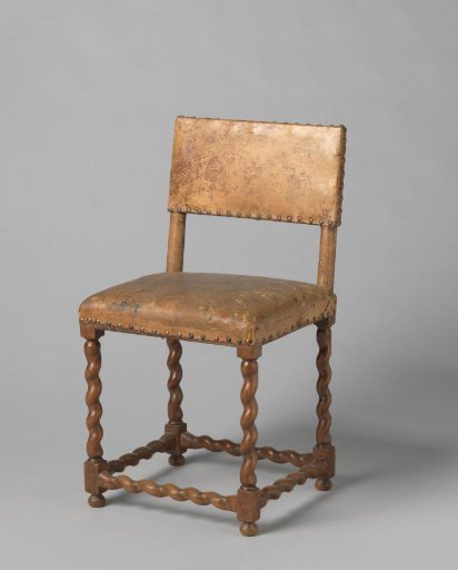 Walnut chair, upholstered in brown leather