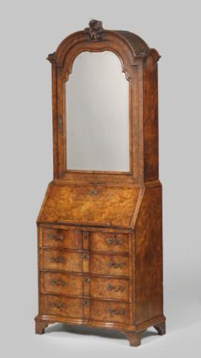 Writing cabinet with a mirror in the upper door; the front of the lower cabinet with drawers is shaped like an arch.