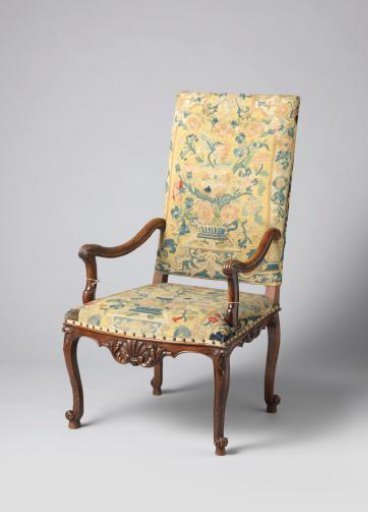 Armchair of walnut wood with petit-point upholstery, originally from Kasteel Eerde