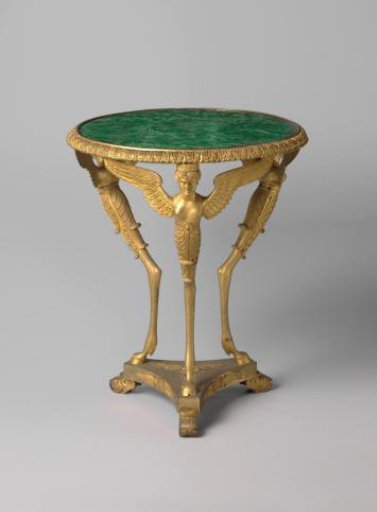 Table with a round top of malachite set in gilded bronze, resting on three winged female figures with bare upper bodies, whose lower bodies are surrounded by palmette foliage and transition into goat's feet