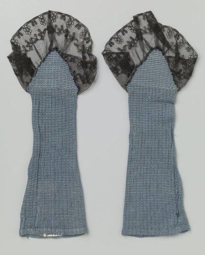 Mitten of Blue Silk Knitting and Ruffled Strip of Black Machine Lace